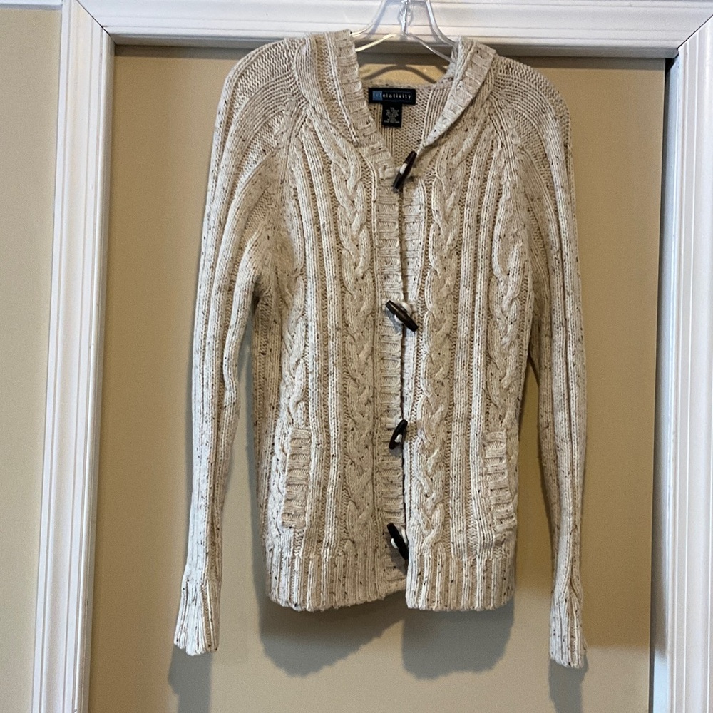 Relativity Cream Cable Knit hooded Cardigan Sweater with toggle closure & pocket